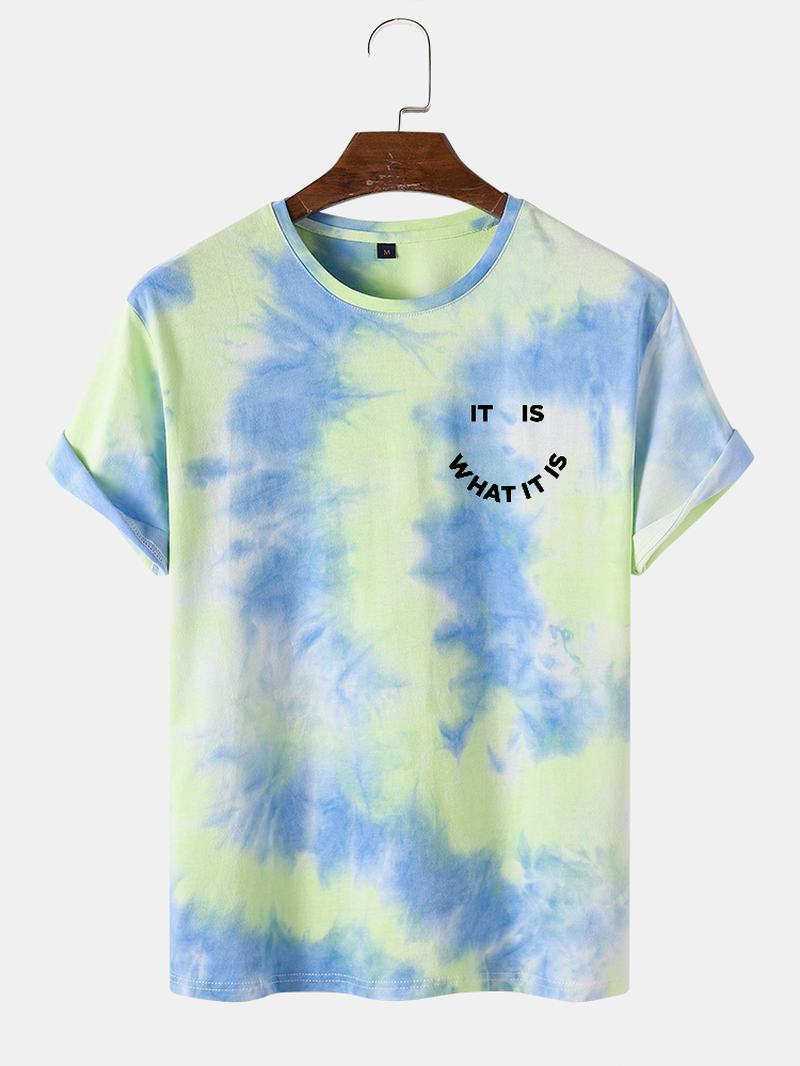 Męskie T-shirty Z Nadrukiem W Litery Tie Dye Z Okrągłym Dekoltem I Uśmiechem