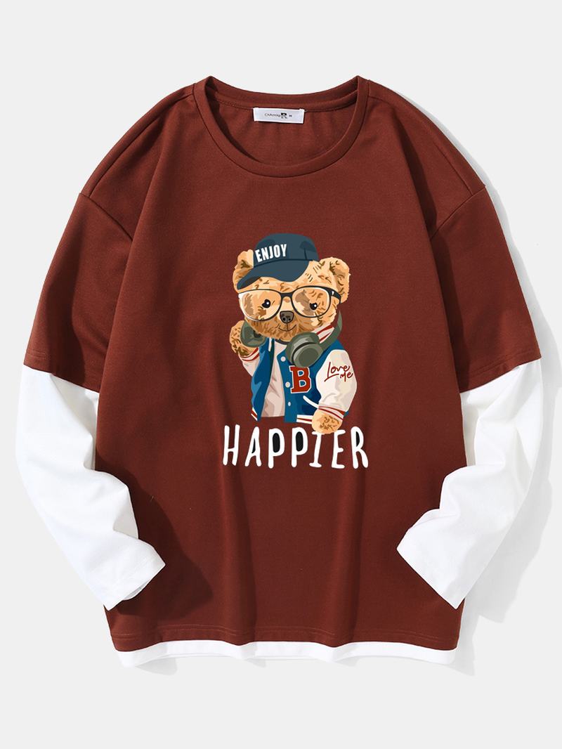 Męskie Teddy Bear Drukowanie Letter Fakes Dwa T-shirty Z Opadającymi Ramionami