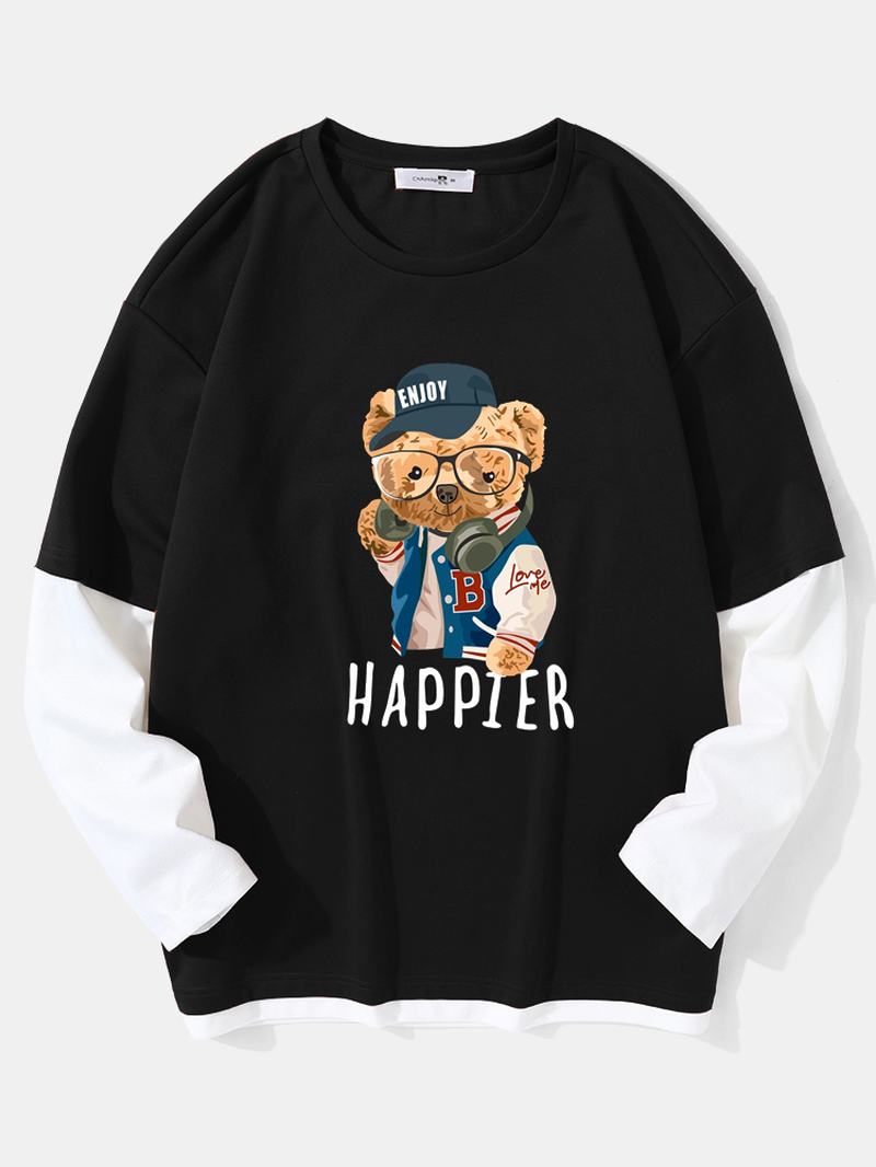 Męskie Teddy Bear Drukowanie Letter Fakes Dwa T-shirty Z Opadającymi Ramionami