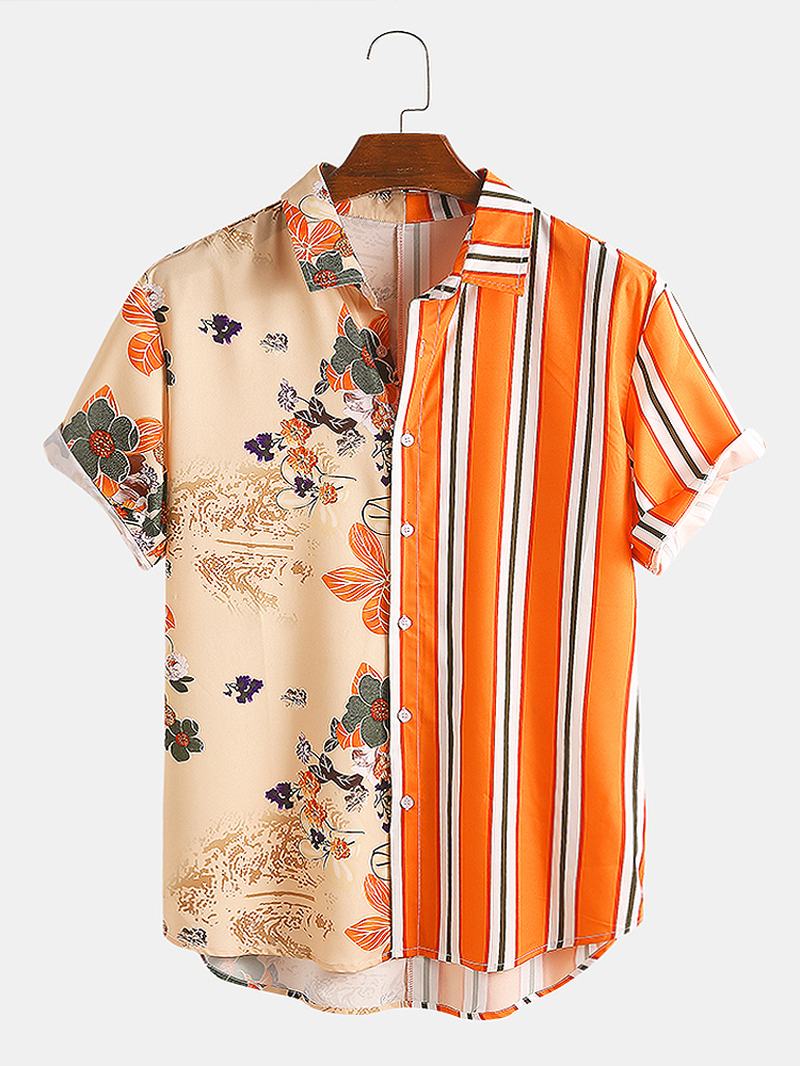 Męskie Tropikalne Rośliny Kolorowe Paski Z Mieszanym Nadrukiem Z Krótkim Rękawem Casual Holiday Shirts