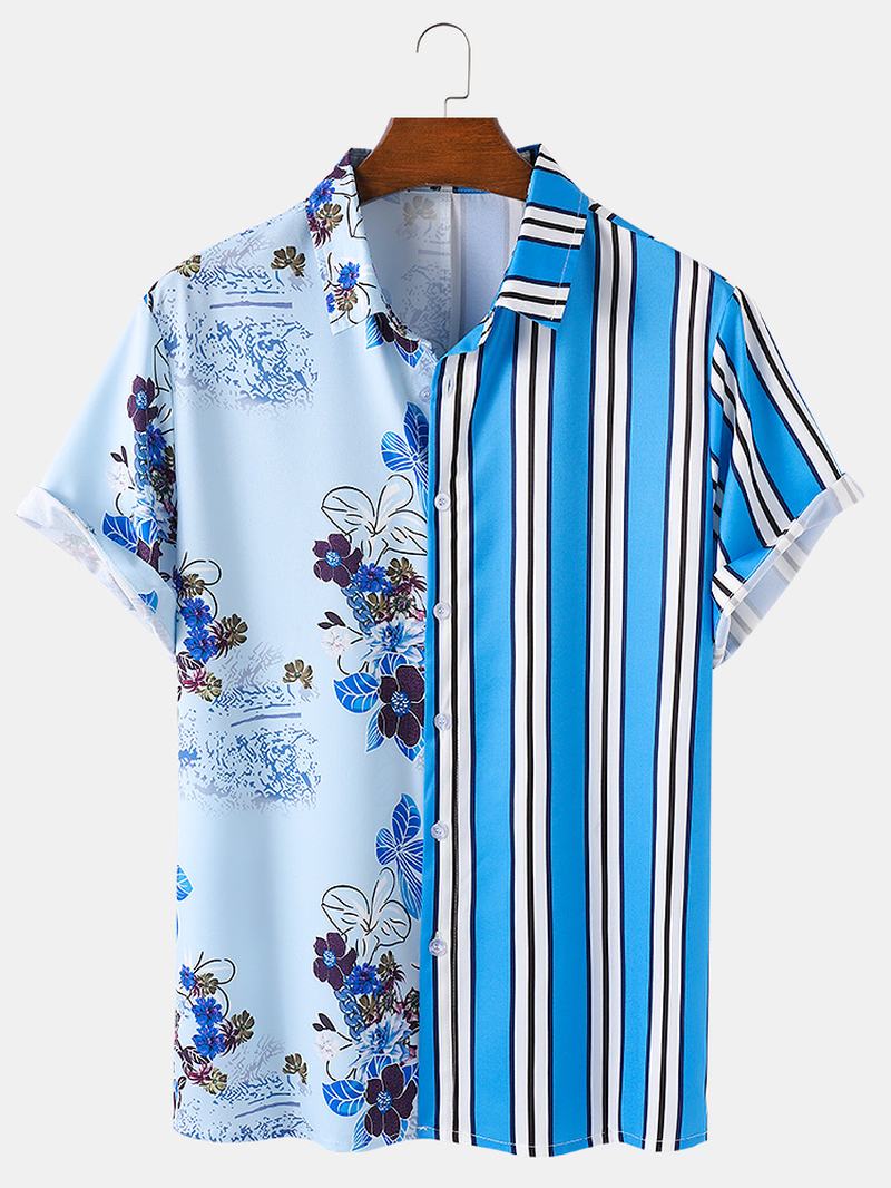 Męskie Tropikalne Rośliny Kolorowe Paski Z Mieszanym Nadrukiem Z Krótkim Rękawem Casual Holiday Shirts