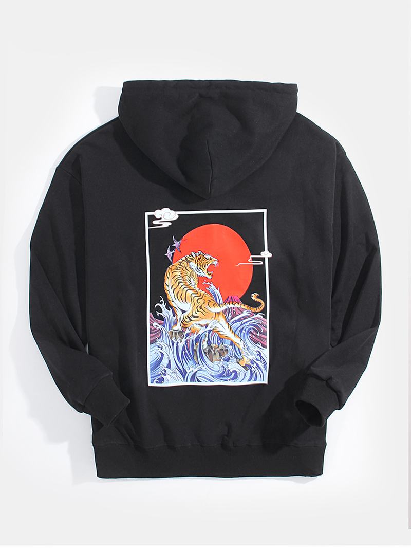 Męskie Ukiyoe Tiger Back Graphics Kieszonkowe Bluzy Ze Sznurkiem