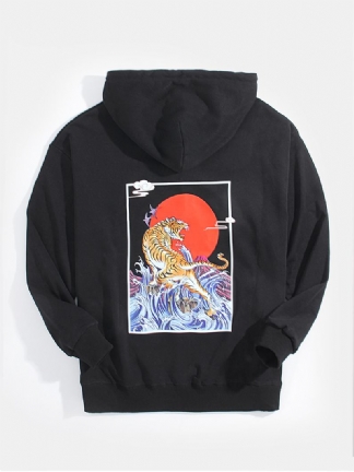 Męskie Ukiyoe Tiger Back Graphics Kieszonkowe Bluzy Ze Sznurkiem