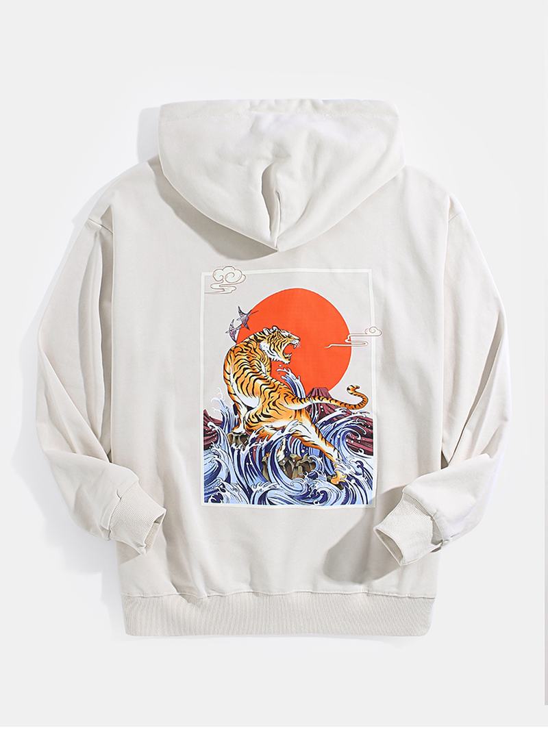 Męskie Ukiyoe Tiger Back Graphics Kieszonkowe Bluzy Ze Sznurkiem