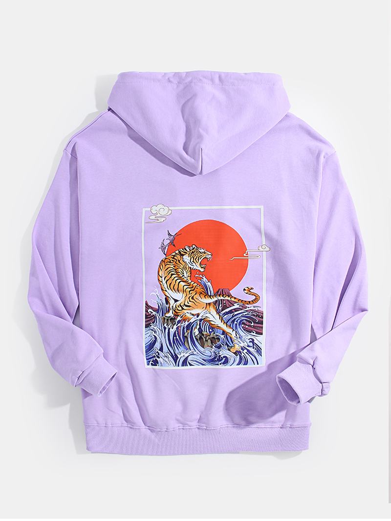 Męskie Ukiyoe Tiger Back Graphics Kieszonkowe Bluzy Ze Sznurkiem