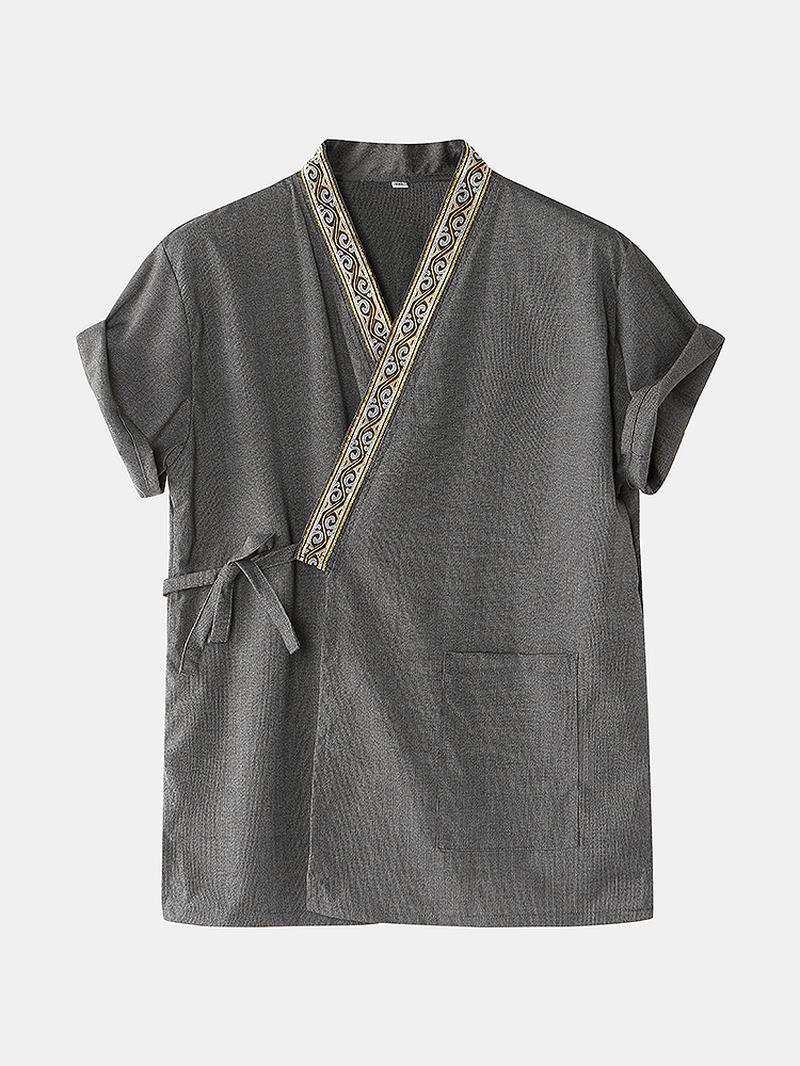 Męskie Vintage Pattern V-neck Tie Side Kimono Bawełniane Luźne Krótkie Zestawy Loungewear