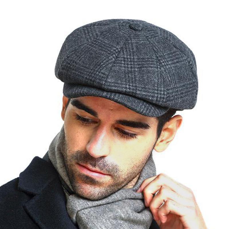 Męskie Vintage Wool Gird Painter Beret Hat Winter Warm Gentleman Octagonal Newsboy Cap