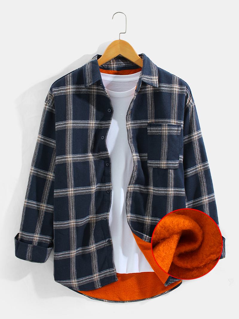 Męskie Zagęścić Vintage Plaid Z Długim Rękawem Ciepłe Podszyte Koszule W Stylu Vintage