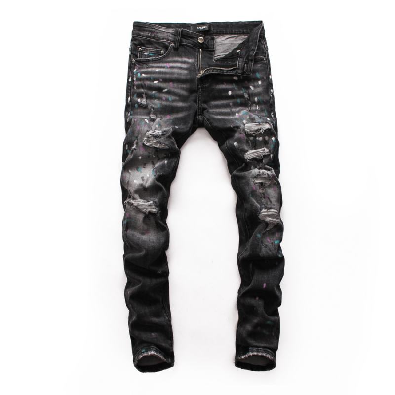 Męskie Zgrywanie Dżinsy Z Łatami Youth Slim Pants Biker Pants Inkjet Personality