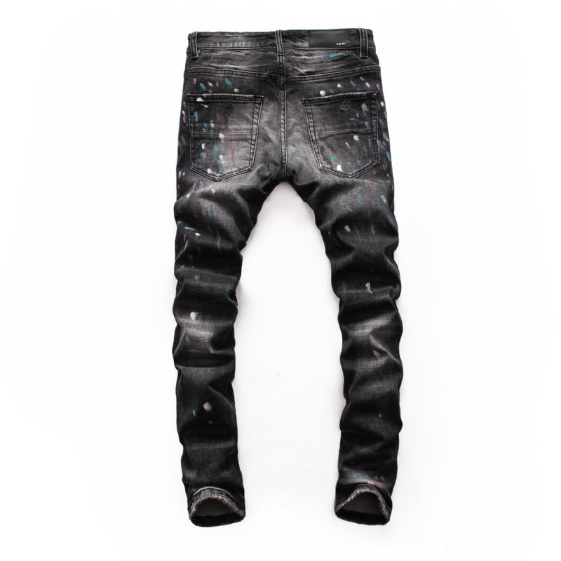 Męskie Zgrywanie Dżinsy Z Łatami Youth Slim Pants Biker Pants Inkjet Personality