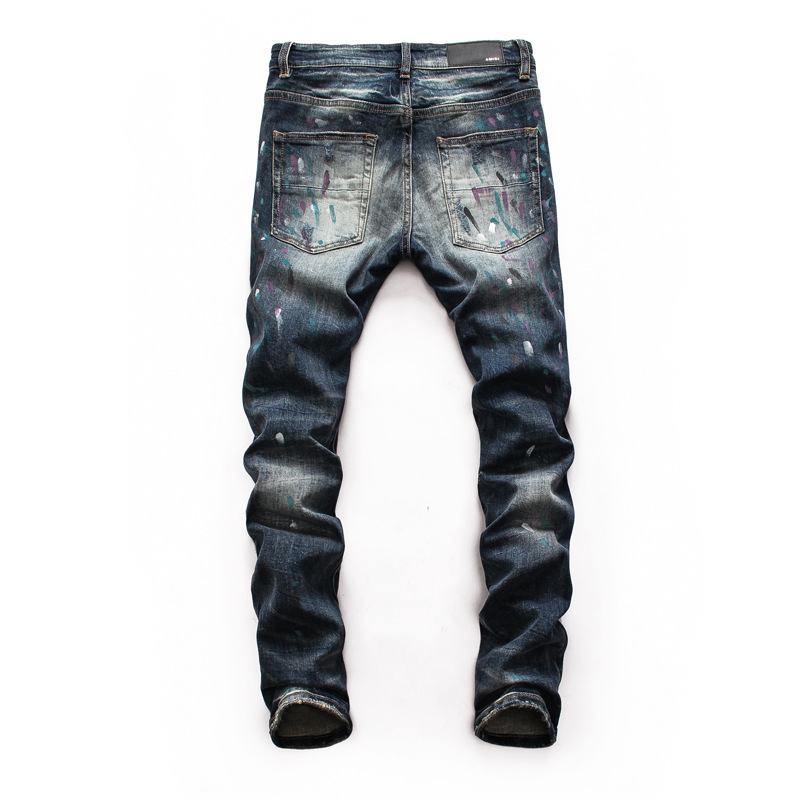 Męskie Zgrywanie Dżinsy Z Łatami Youth Slim Pants Biker Pants Inkjet Personality