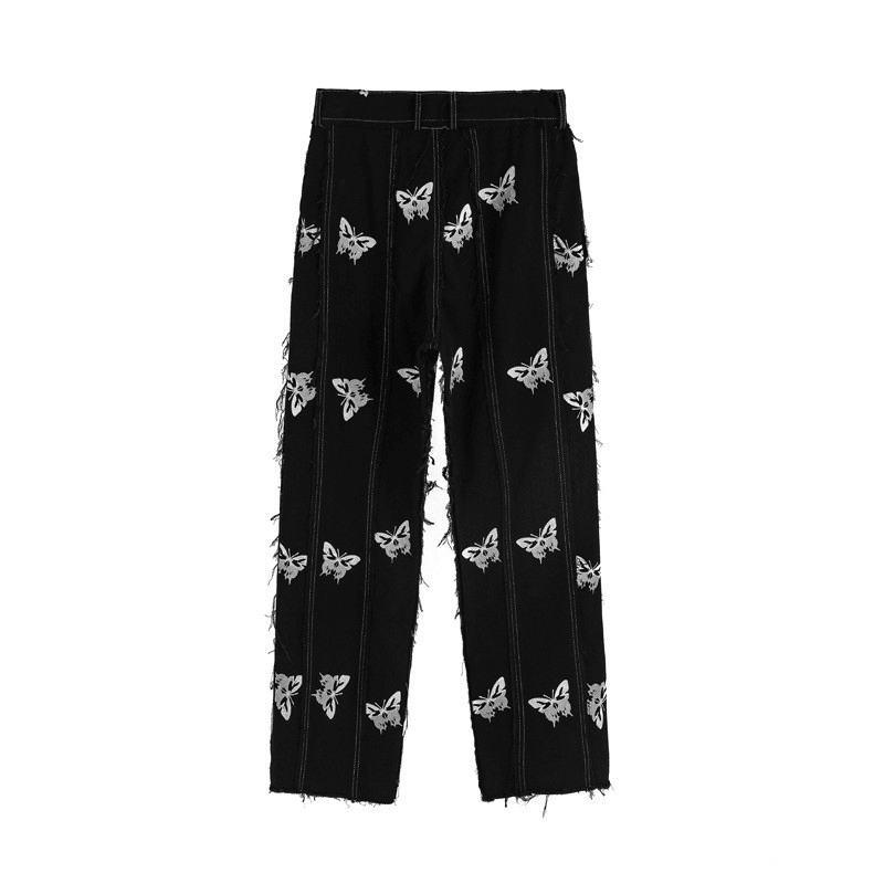Ming Series Butterfly Full-drukowanie Spodnie Z Prostymi Nogawkami Hip-hop Street Osobowość Szwy