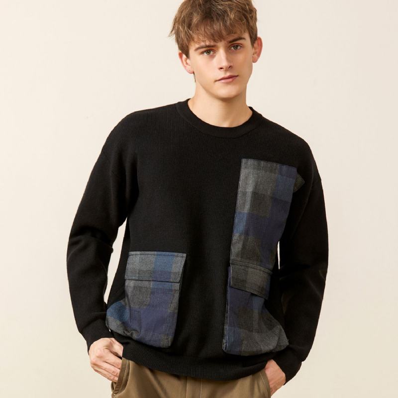 Młodzieżowy Symetryczny Sweter W Kratę Z Dużą Kieszenią Ozdobiony Męskim Swetrem