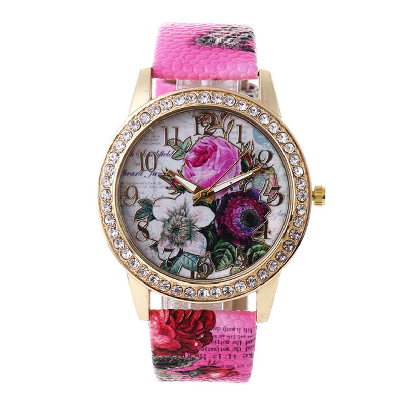 Moda Bohemia Style Damskie Watch Skórzany Pasek Retro Rose Pattern Quartz Watch