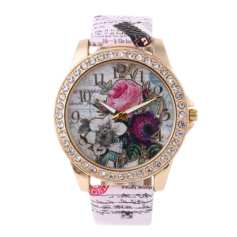 Moda Bohemia Style Damskie Watch Skórzany Pasek Retro Rose Pattern Quartz Watch