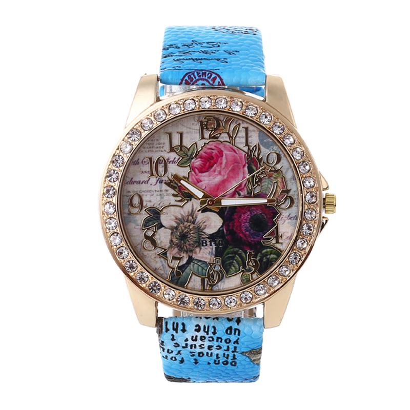 Moda Bohemia Style Damskie Watch Skórzany Pasek Retro Rose Pattern Quartz Watch