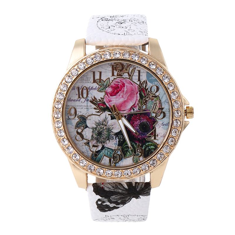 Moda Bohemia Style Damskie Watch Skórzany Pasek Retro Rose Pattern Quartz Watch