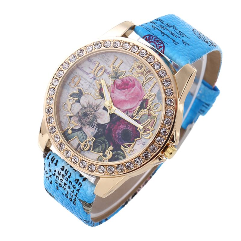 Moda Bohemia Style Damskie Watch Skórzany Pasek Retro Rose Pattern Quartz Watch