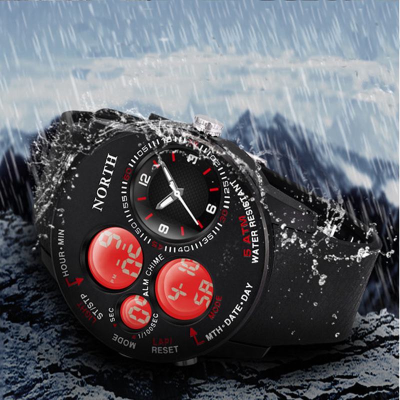 Moda Casual Męskie Cyfrowy Zegarek 5atm Wodoodporny Świecący Tydzień Wyświetlanie Daty Stoper Zegarek Z Podwójnym Wyświetlaczem