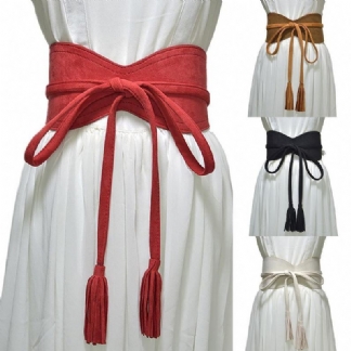 Moda Damska Jednolity Kolor Faux Leather Tassel Muszka Szeroki Pas Gorset W Pasie