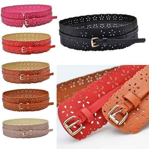 Moda Damska Pu Leather Hollow Flower Pas Biodrowy Szeroki Pasek Z Klamrą