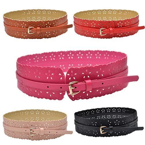 Moda Damska Pu Leather Hollow Flower Pas Biodrowy Szeroki Pasek Z Klamrą