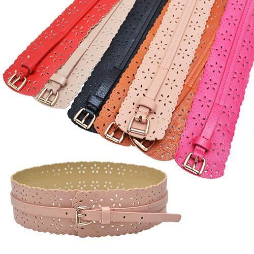 Moda Damska Pu Leather Hollow Flower Pas Biodrowy Szeroki Pasek Z Klamrą