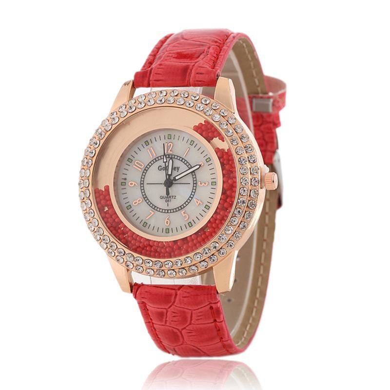 Moda Damska Ubiera Kolorowy Skórzany Pasek Crystal Damskie Quartz Watch