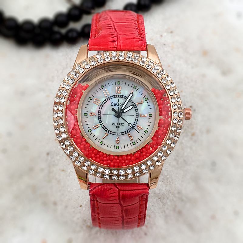 Moda Damska Ubiera Kolorowy Skórzany Pasek Crystal Damskie Quartz Watch