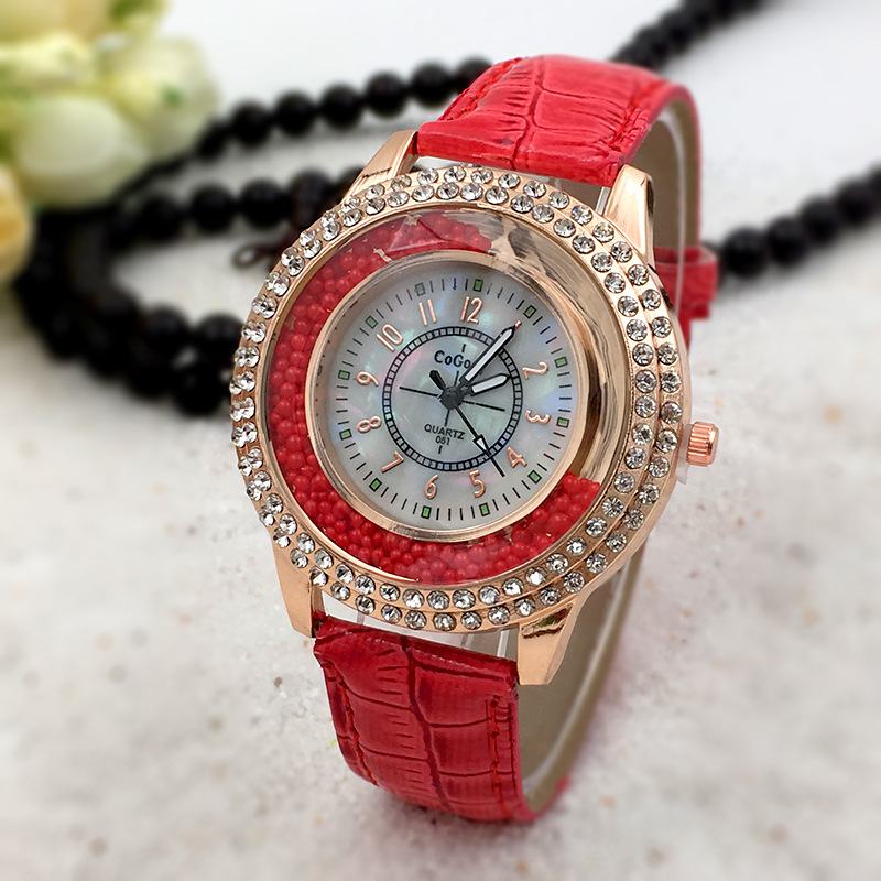 Moda Damska Ubiera Kolorowy Skórzany Pasek Crystal Damskie Quartz Watch