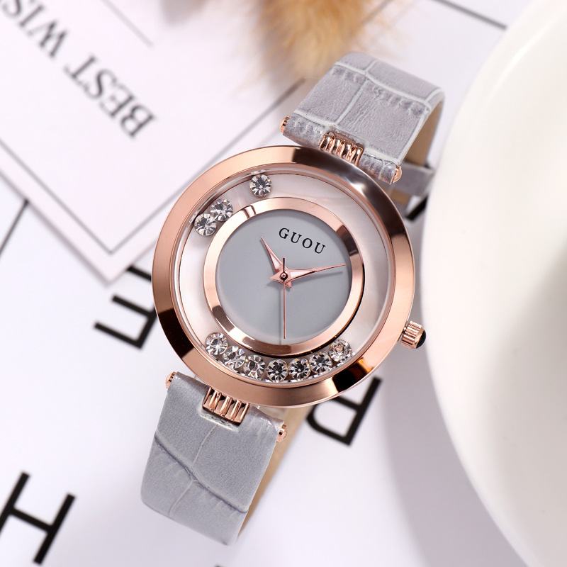 Moda Damska Zegarek Lekki Luksusowy Pełny Stalowy Błyszczący Diamentowy Skórzany Pasek Damski Zegarek Kwarcowy
