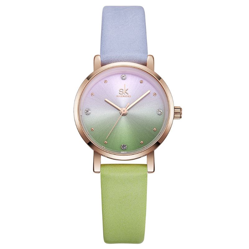 Moda Kolor Gradientowy Skórzany Pasek Luksusowy Damski Zegarek Kwarcowy Z Kryształową Tarczą