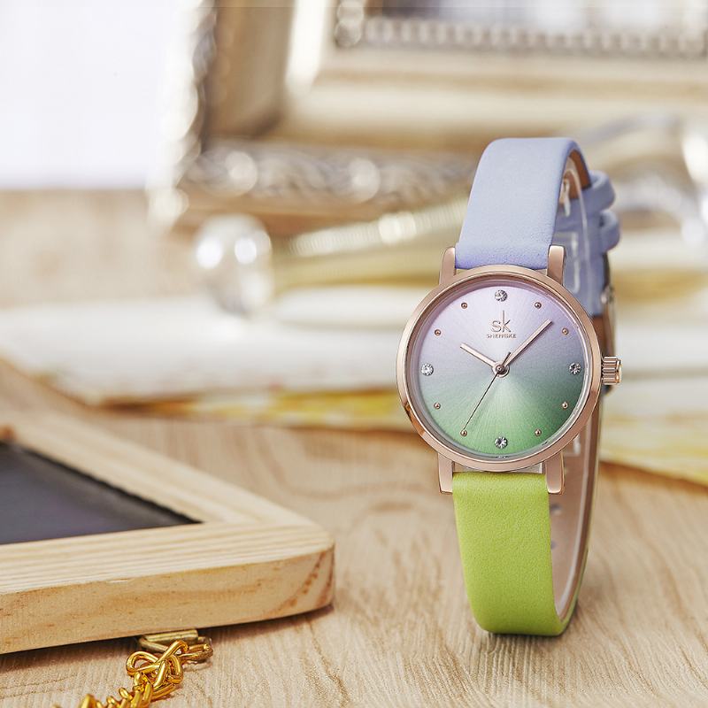 Moda Kolor Gradientowy Skórzany Pasek Luksusowy Damski Zegarek Kwarcowy Z Kryształową Tarczą