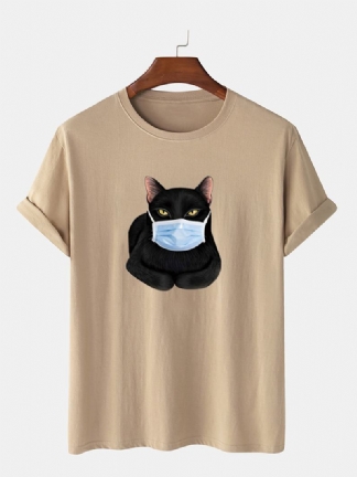 Moda Kot Kreskówka Mask Drukowanie Koszulki Z Krótkim Rękawem O-neck