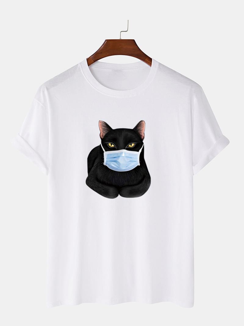 Moda Kot Kreskówka Mask Drukowanie Koszulki Z Krótkim Rękawem O-neck
