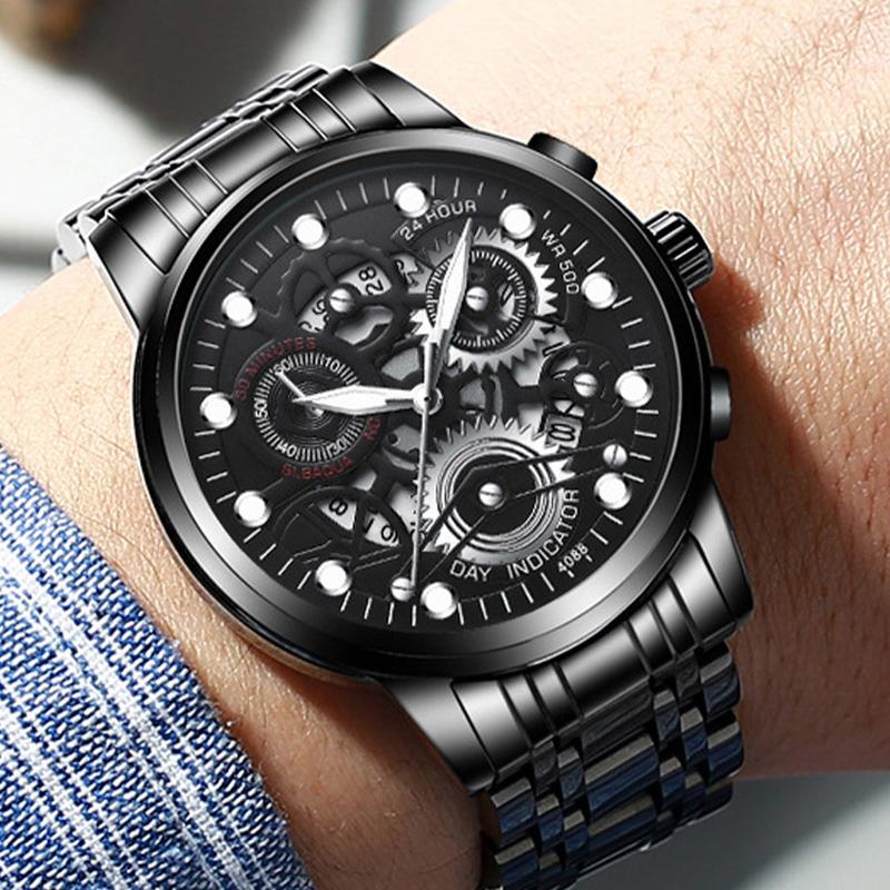 Moda Luminous Time Display Pasek Ze Stali Nierdzewnej Mężczyźni Wodoodporny Automatyczny Zegarek Kwarcowy
