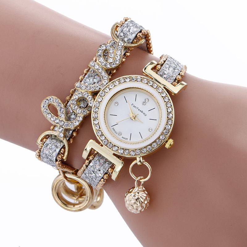 Moda Luxury Damskie Watch Love Word Skórzany Pasek Damska Bransoletka Zegarek Kwarcowy