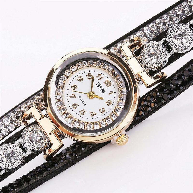 Moda Luxury Rhinestone Pu Leather Band Damskie Quartz Bransoletka Watch