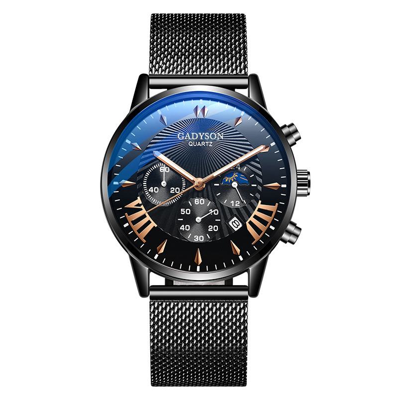 Moda Męska Zegarek Luminous Date Display Metalowy Pasek Z Siatki Business Quartz Watch