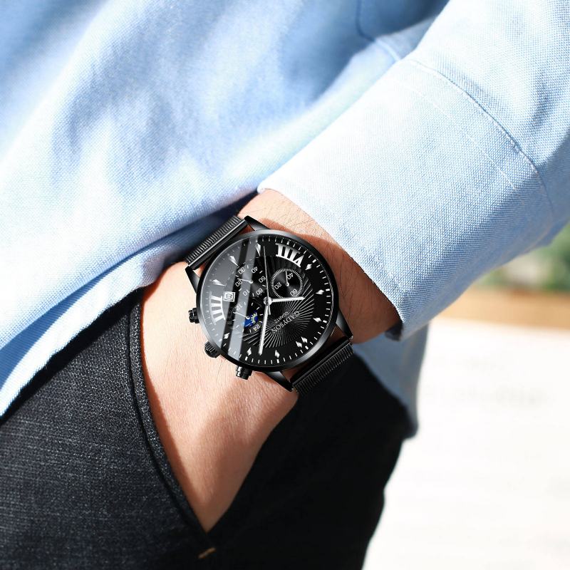 Moda Męska Zegarek Luminous Date Display Metalowy Pasek Z Siatki Business Quartz Watch