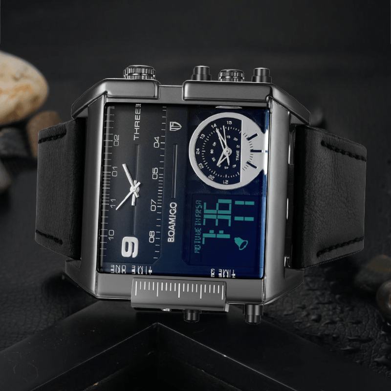 Moda Męski Zegarek Cyfrowy Kreatywna Tarcza Wyświetlacz Tygodnia Miesiąc Chronograf 3 Strefa CZasowa Skórzany Pasek Zegarek Z Podwójnym Wyświetlaczem