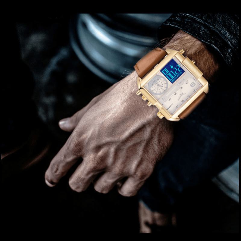 Moda Męski Zegarek Cyfrowy Kreatywna Tarcza Wyświetlacz Tygodnia Miesiąc Chronograf 3 Strefa CZasowa Skórzany Pasek Zegarek Z Podwójnym Wyświetlaczem