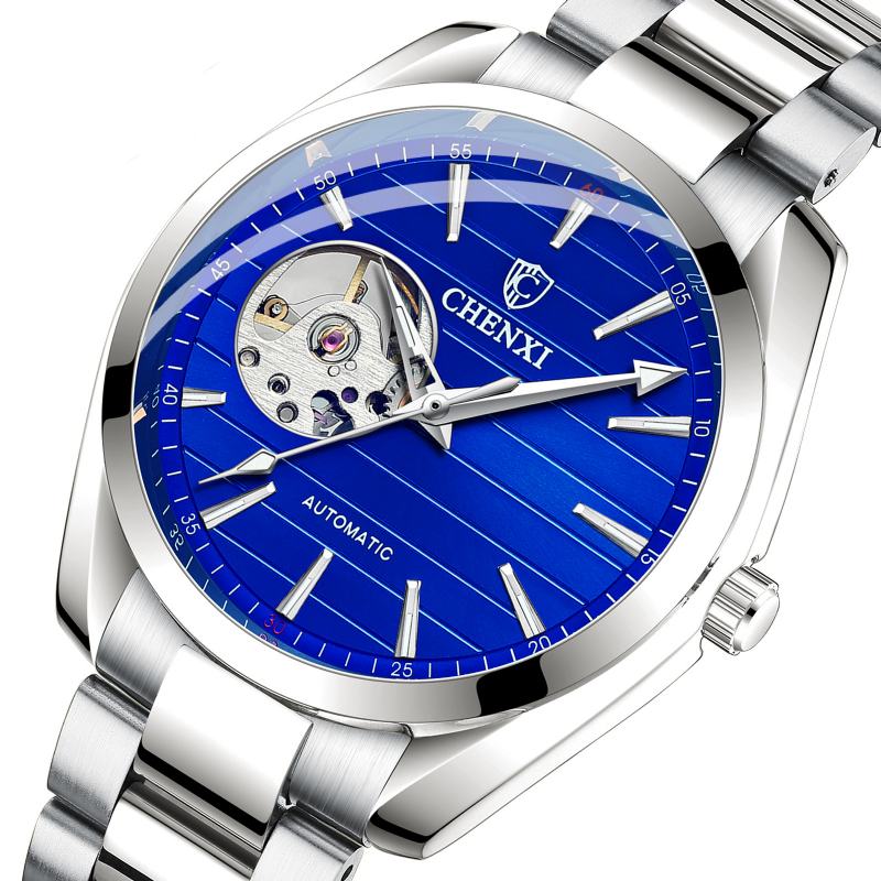 Moda Męskie Automatyczny Zegarek Hollow Dial Luminous Display Pasek Ze Stali Nierdzewnej Wodoodporny Prosty Zegarek Mechaniczny