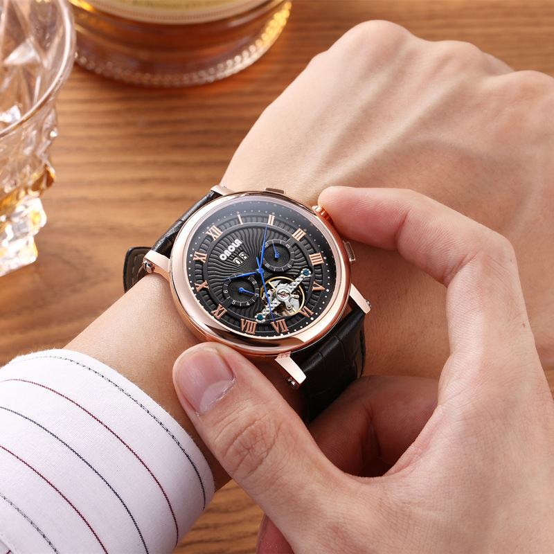 Moda Męskie Automatyczny Zegarek Koło Zamachowe Hollow Date Display Skórzany Pasek Mechaniczny Zegarek