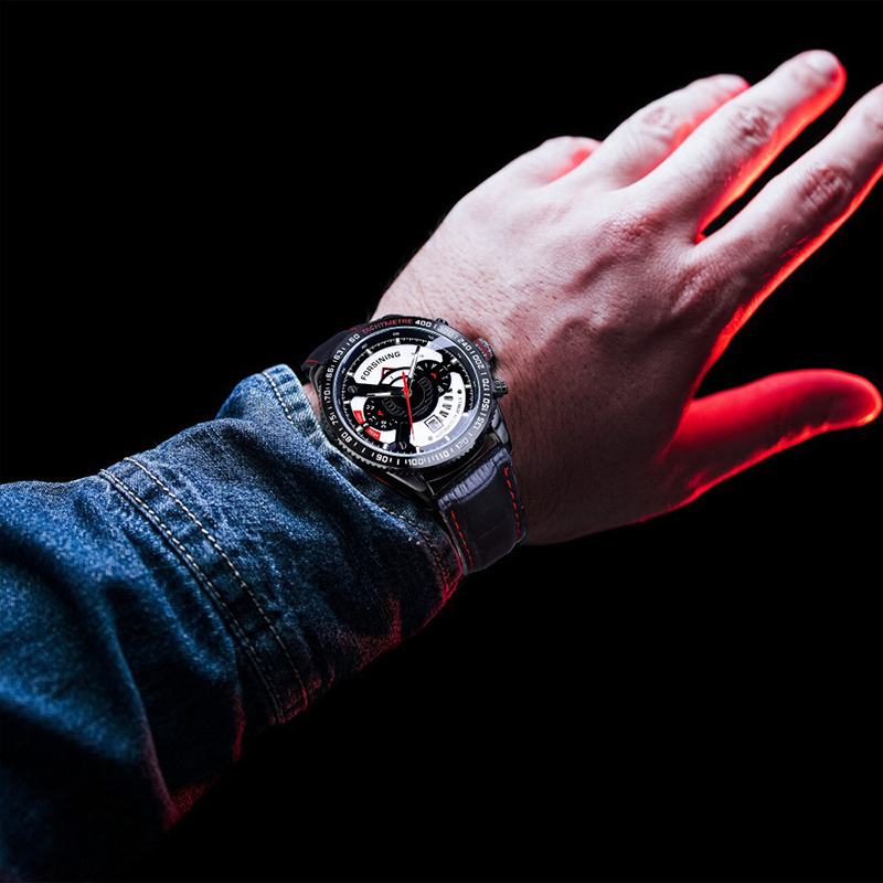 Moda Męskie Automatyczny Zegarek Luminous Data Tydzień Miesiąc Wyświetlacz Wodoodporny Skórzany Pasek Mechaniczny Zegarek