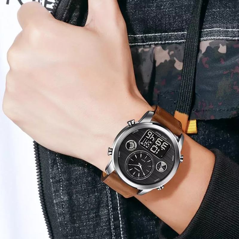 Moda Męskie Cyfrowy Zegarek Data Tydzień Luminous Display Stoper Odliczanie Skórzany Pasek Zegarek Z Podwójnym Wyświetlaczem
