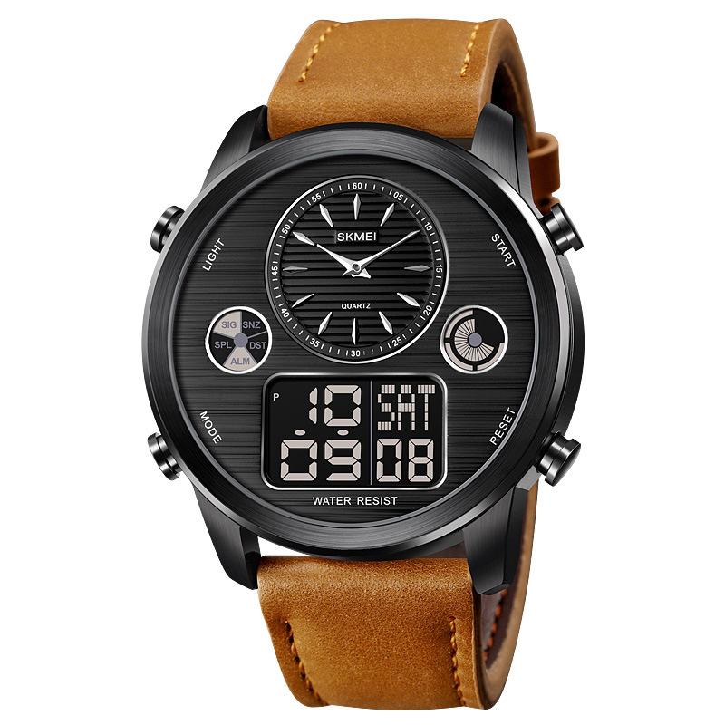 Moda Męskie Cyfrowy Zegarek Data Tydzień Luminous Display Stoper Odliczanie Skórzany Pasek Zegarek Z Podwójnym Wyświetlaczem