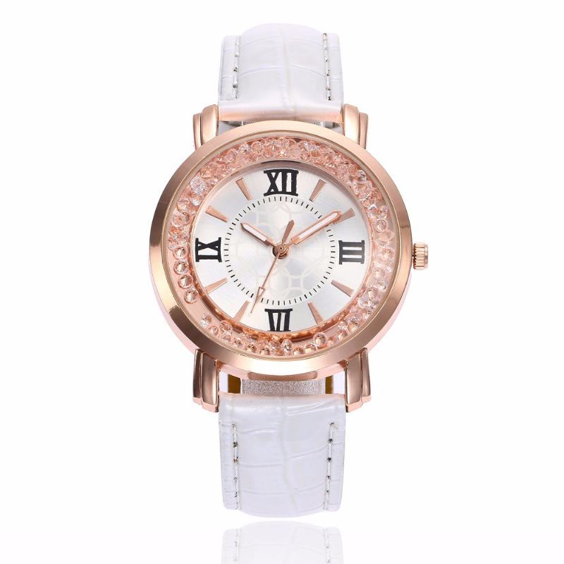 Moda Rose Gold Flowing Crystal Cyfry Rzymskie Damska Sukienka Bransoletka Skórzany Damski Zegarek Kwarcowy