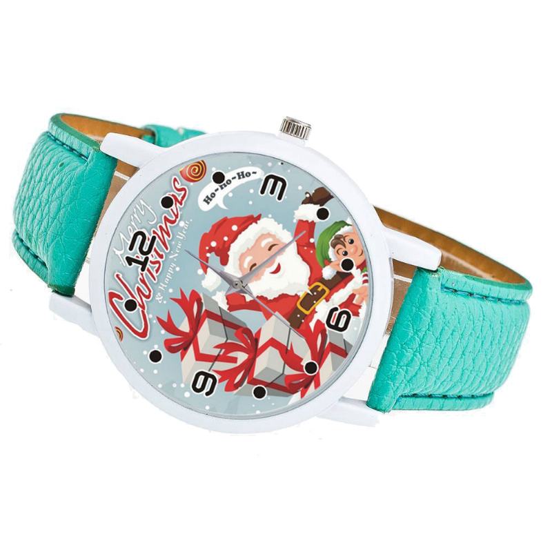 Moda Świąteczny Święty Mikołaj Z Wzorem Prezentowym Śliczny Zegarek Skórzany Pasek Mężczyźni Kobiety Zegarek Quartxz