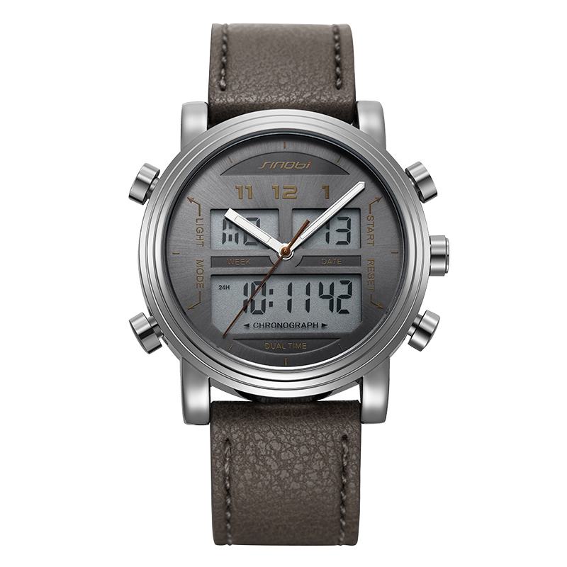 Moda Skórzany Pasek Luminous Display Alarm Podwójny Wyświetlacz Cyfrowy Zegarek